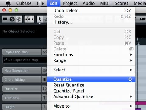 La voce Quantize nel menu Edit di Cubase