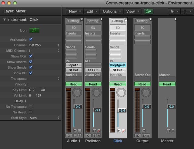 La traccia Click nella finestra Environment di Logic Pro X