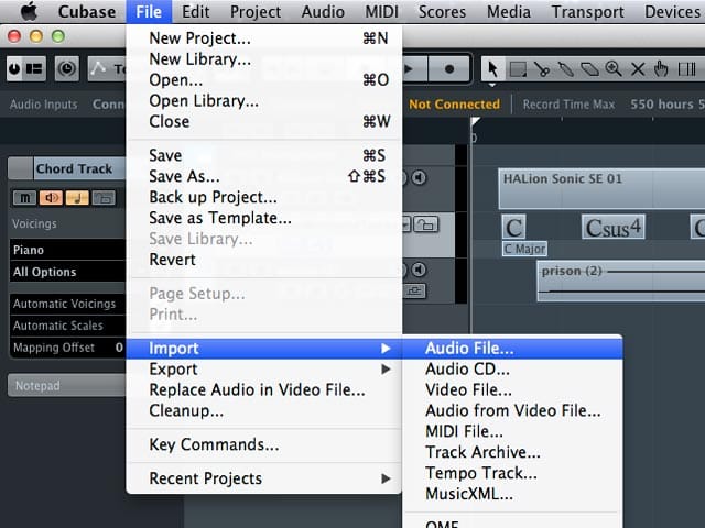 Il percorso per importare un file audio, video o midi