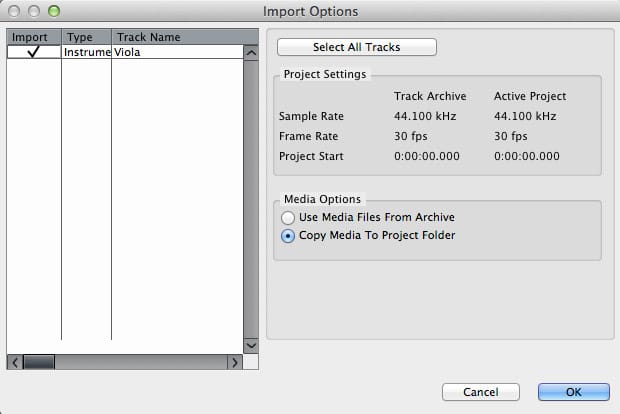 Il pannello con le impostazioni per importare un archivio traccia