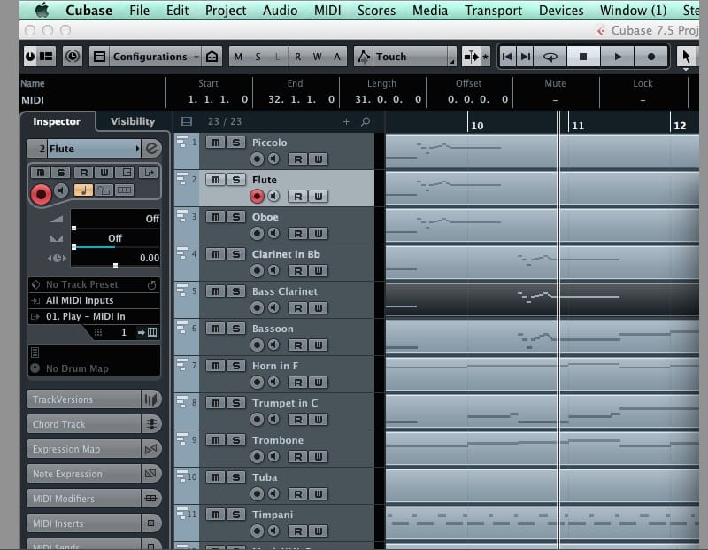 L'elenco tracce della partitura importata in Cubase