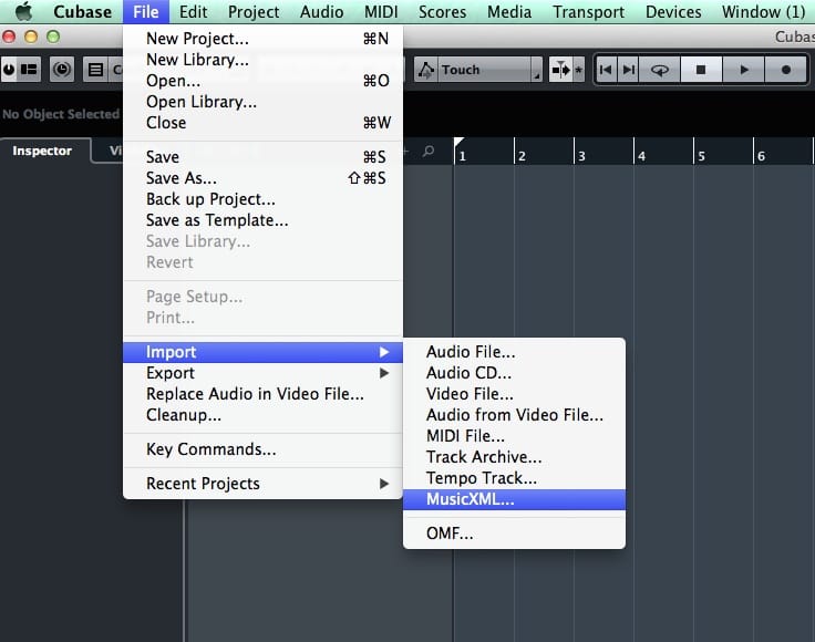 Importare un file XML in Cubase