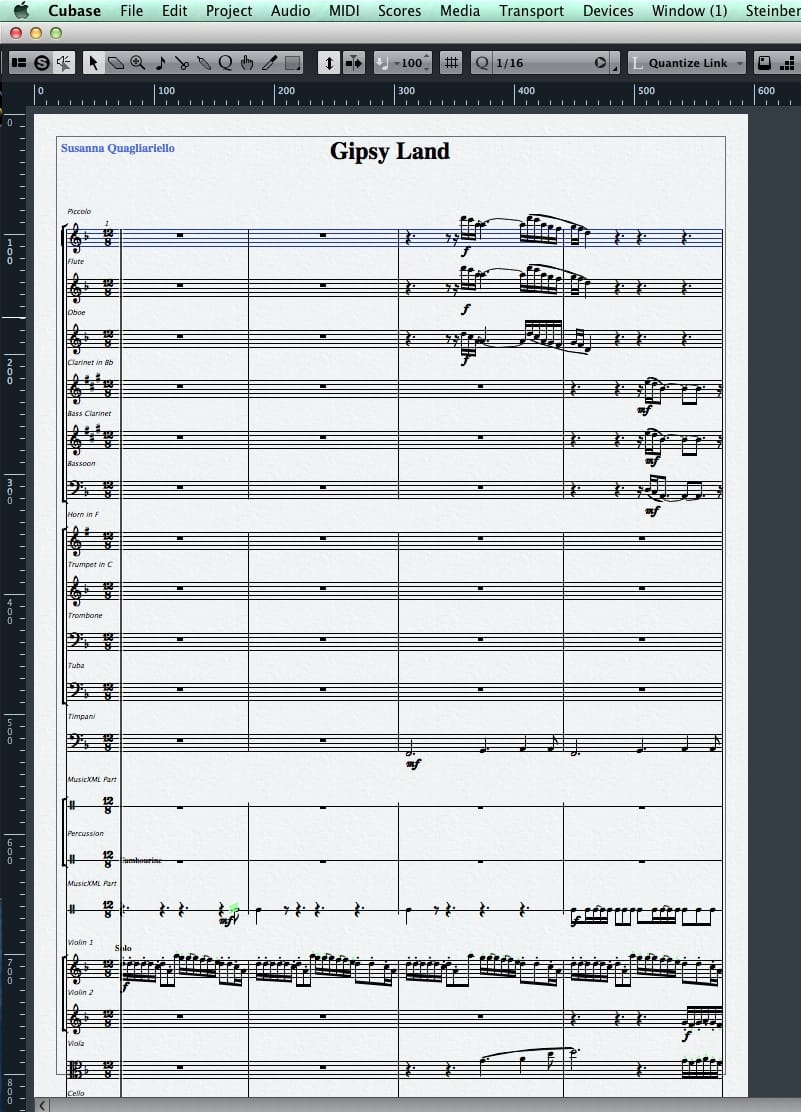 Una partitura importata in Cubase via XML