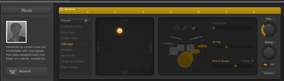I comandi per personalizzare la traccia Drummer