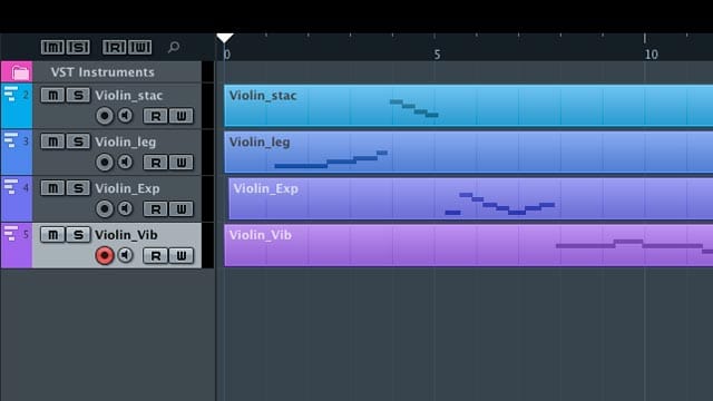 L'elenco delle tracce con le diverse articolazioni del virtual instrument del violino